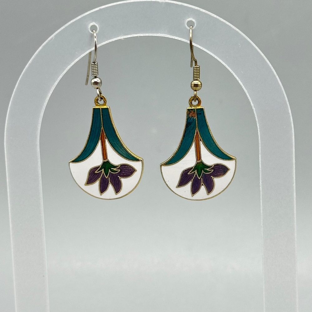 Vintage Cloisonne Floral Colorful Dangle Wire Earrings 2" Boho Jewelry